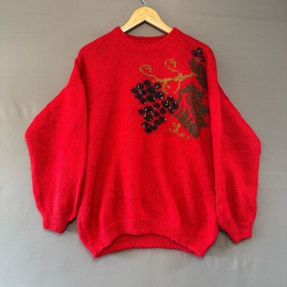 Vintage Size XL Red Sweater Round Neck Knit Style Grape Leaves Graphic - Picture 1 of 7